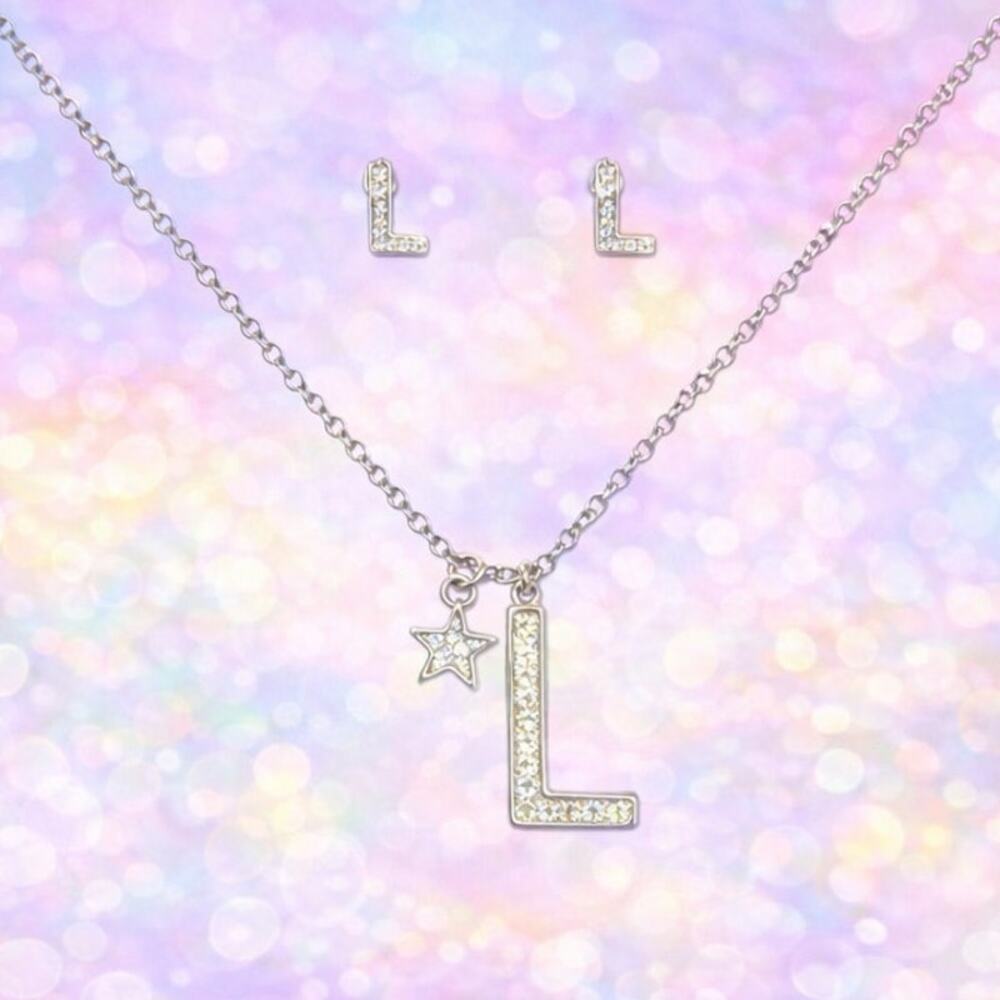Initial “L” Necklace & Earrings Set Silver Tone Star Charm 18” + 3” Extender New